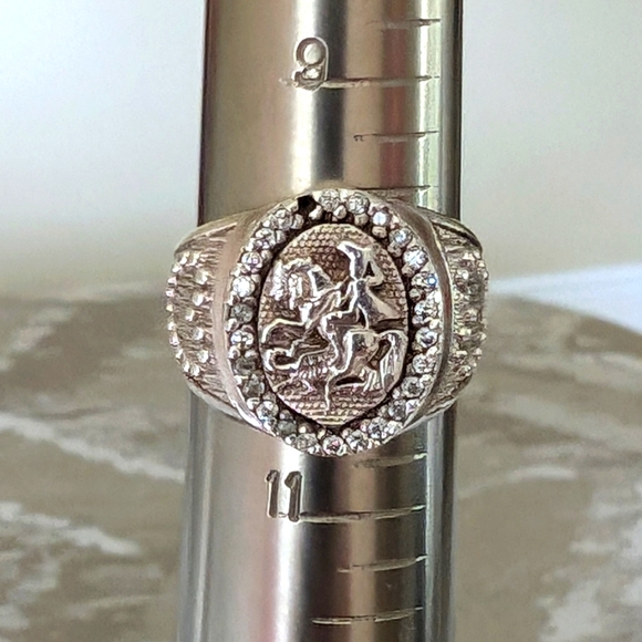 SILVER BOLD SAINT GEORGE & THE DRAGON MAN'S SIGNET WITH RELIGIOUS MOTYVS - Picture 8 of 9